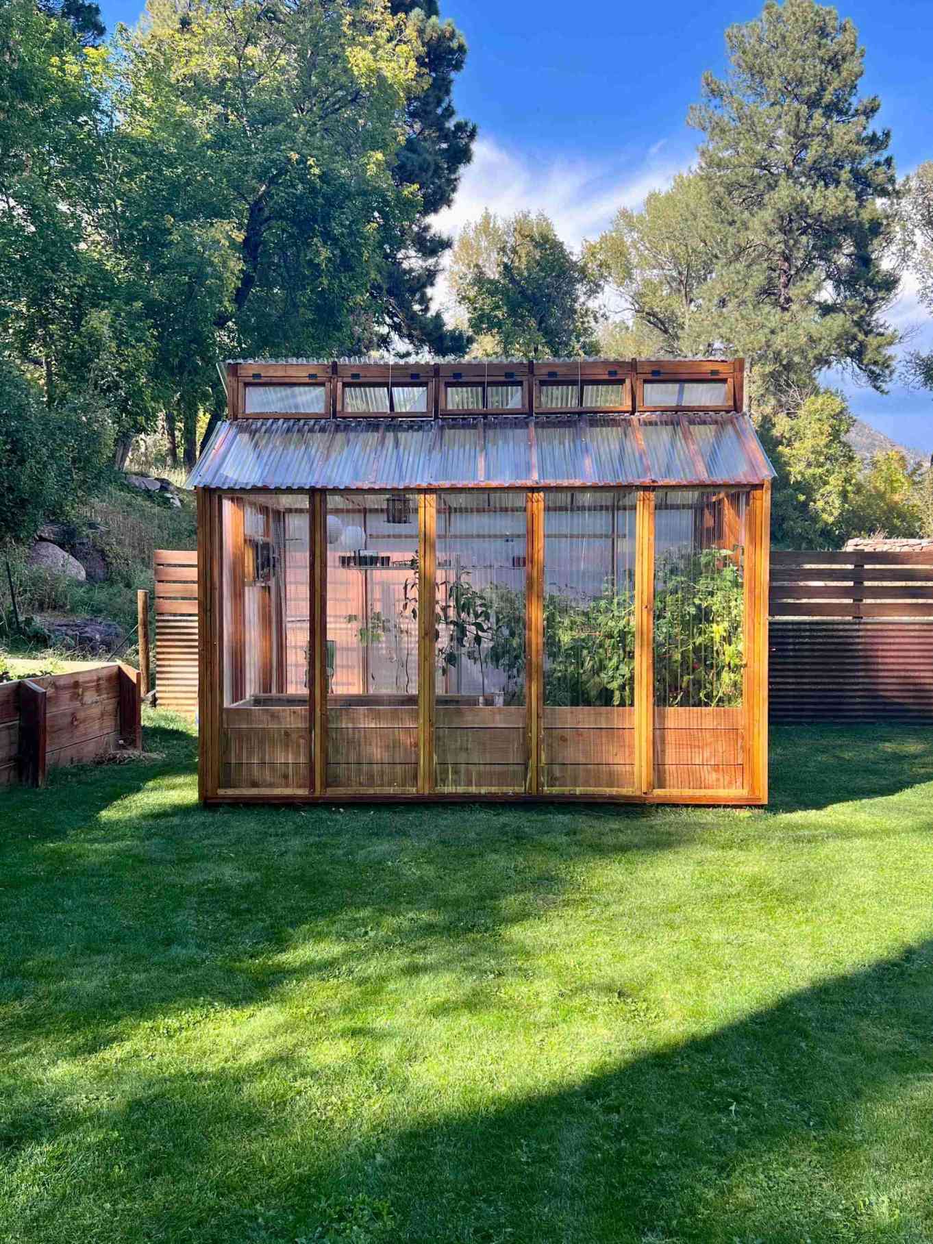 A wooden greenhouse with a pitched roof and clear panels stands on a lush green lawn, framed by tall trees and a sunny sky.